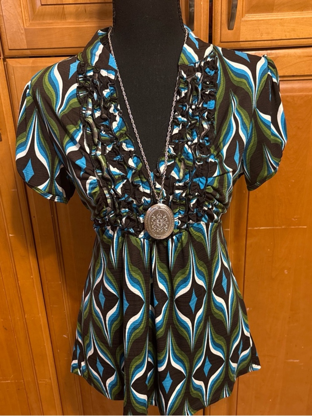 HeartSoul Black Blue & Green Ruffle V-Neck Blouse